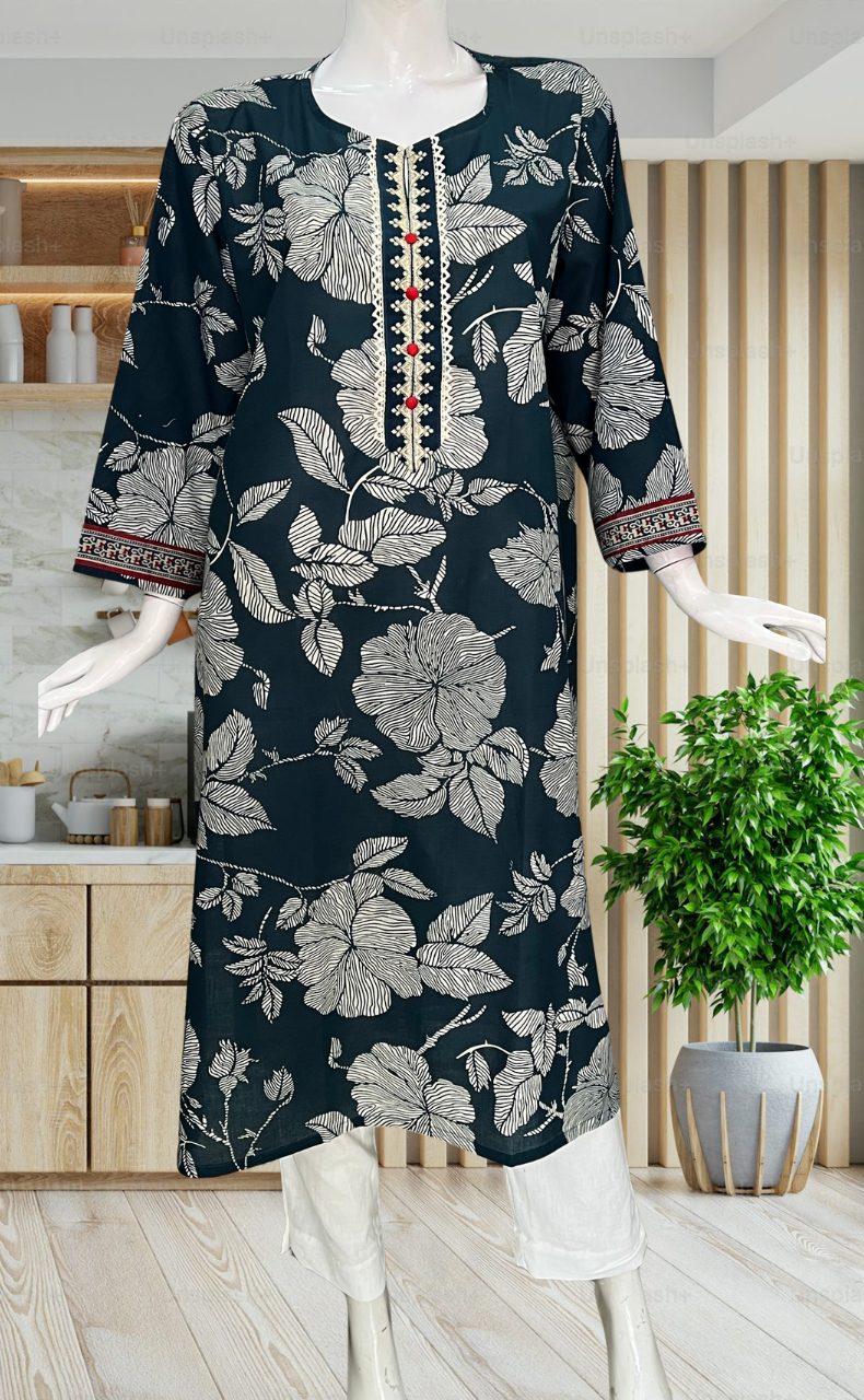 Teal Blue Floral Jaipuri Cotton Kurti. Pure Versatile Cotton. | Laces and Frills - Laces and Frills