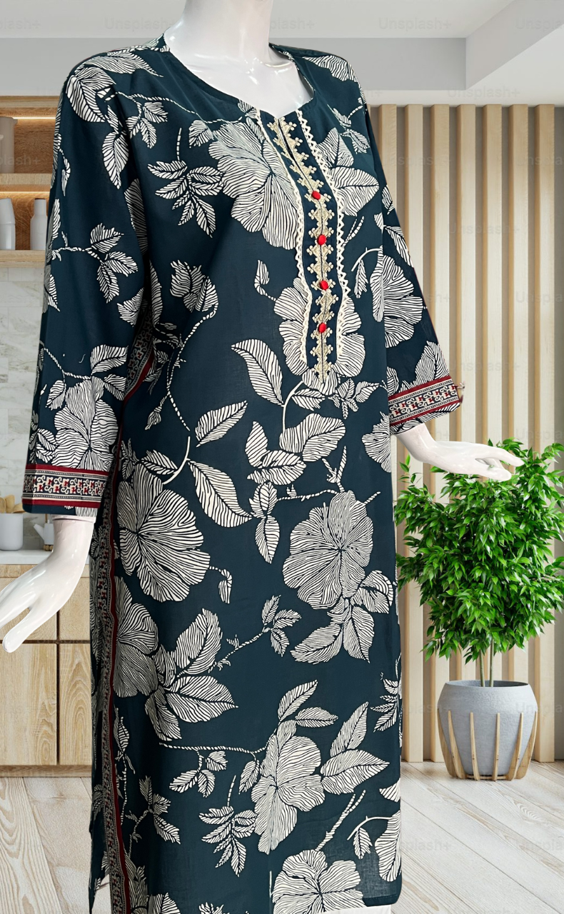 Teal Blue Floral Jaipuri Cotton Kurti. Pure Versatile Cotton. | Laces and Frills - Laces and Frills