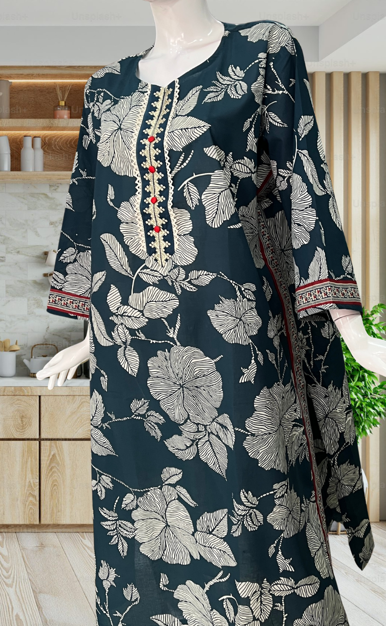 Teal Blue Floral Jaipuri Cotton Kurti. Pure Versatile Cotton. | Laces and Frills - Laces and Frills