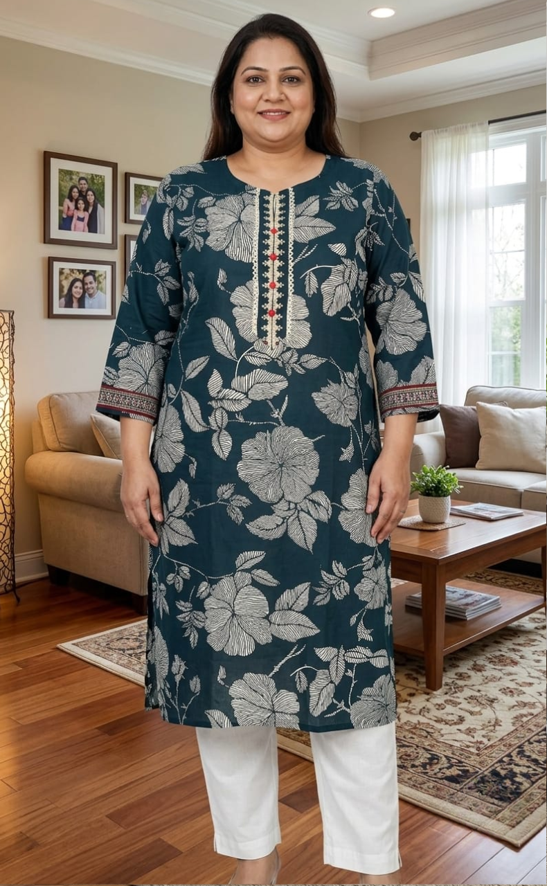 Teal Blue Floral Jaipuri Cotton Kurti. Pure Versatile Cotton. | Laces and Frills