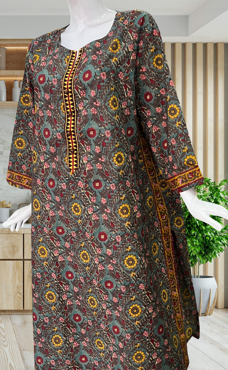 Dark Green Garden Jaipuri Cotton Kurti. Pure Versatile Cotton. | Laces and Frills - Laces and Frills
