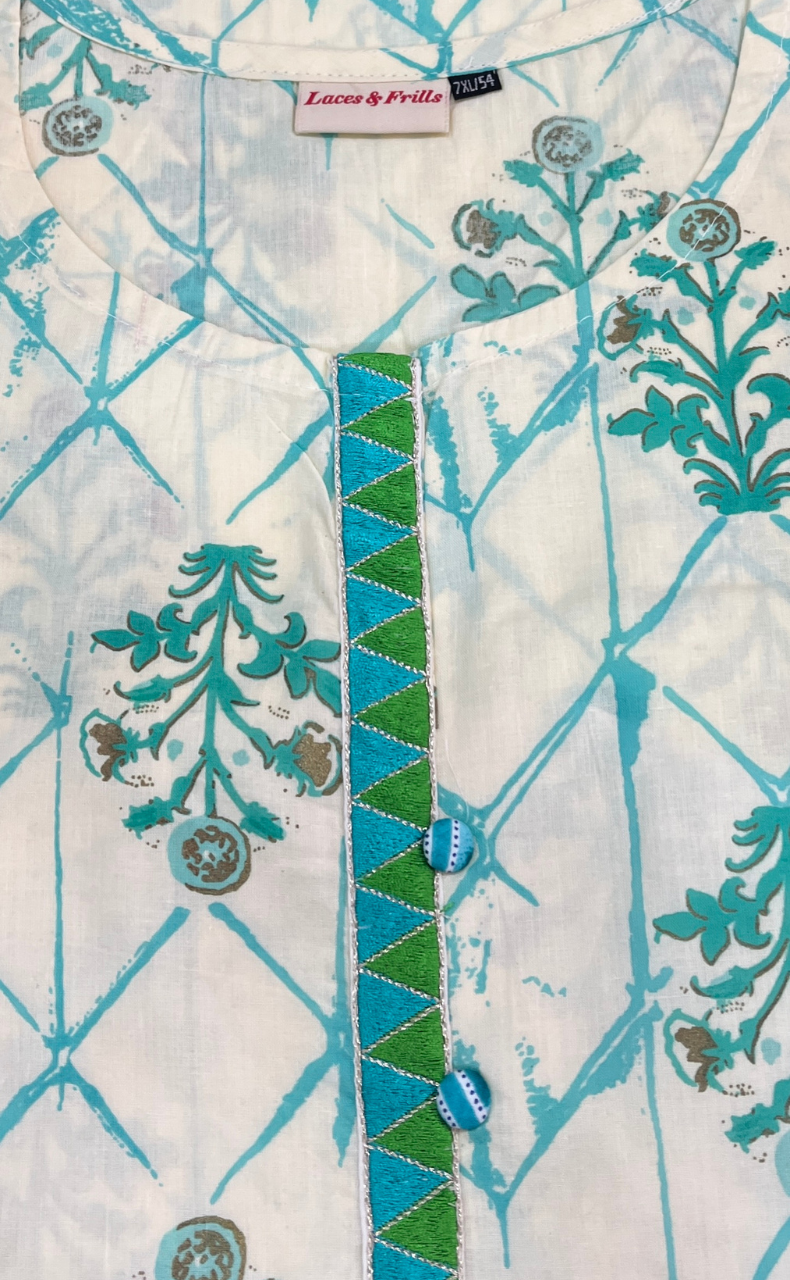 Off White/Sea Green Floral Jaipuri Cotton Kurti. Pure Versatile Cotton. | Laces and Frills - Laces and Frills