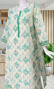 Off White/Sea Green Floral Jaipuri Cotton Kurti. Pure Versatile Cotton. | Laces and Frills - Laces and Frills