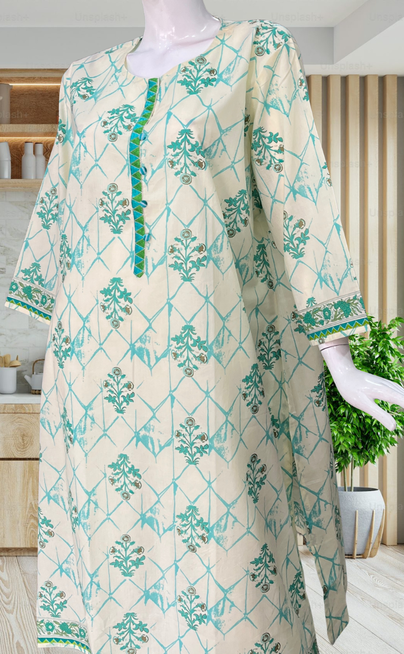 Off White/Sea Green Floral Jaipuri Cotton Kurti. Pure Versatile Cotton. | Laces and Frills - Laces and Frills
