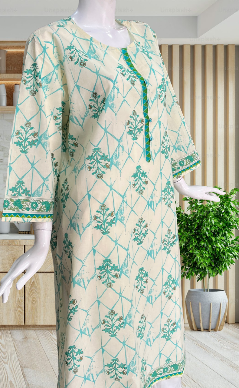 Off White/Sea Green Floral Jaipuri Cotton Kurti. Pure Versatile Cotton. | Laces and Frills - Laces and Frills