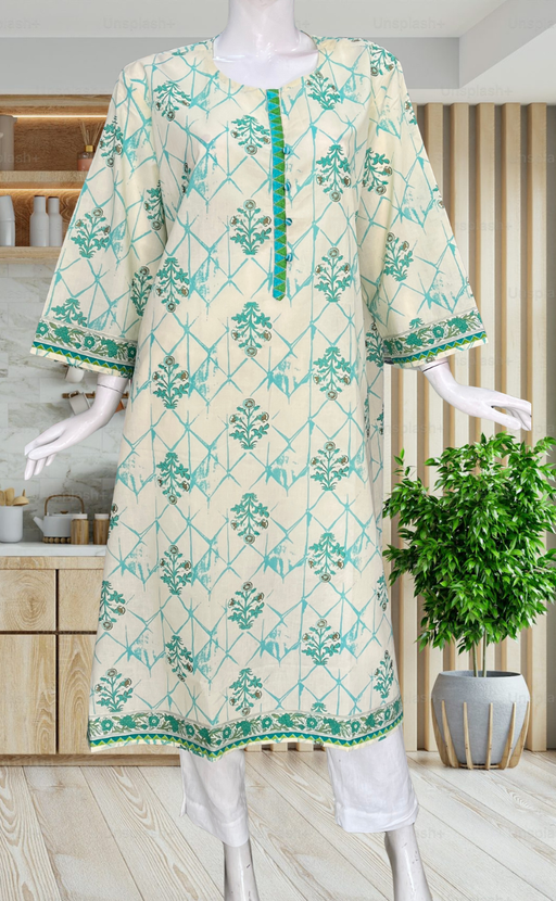 Off White/Sea Green Floral Jaipuri Cotton Kurti. Pure Versatile Cotton. | Laces and Frills - Laces and Frills
