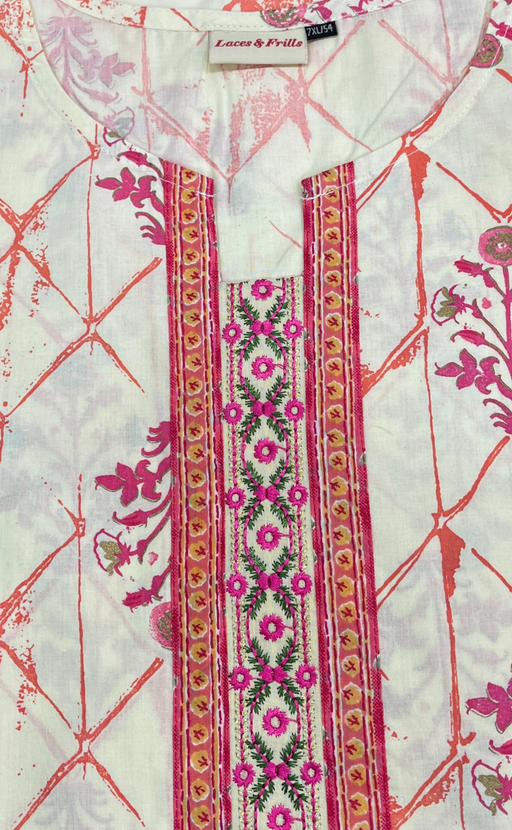 Off White/Pink Floral Jaipuri Cotton Kurti. Pure Versatile Cotton. | Laces and Frills - Laces and Frills
