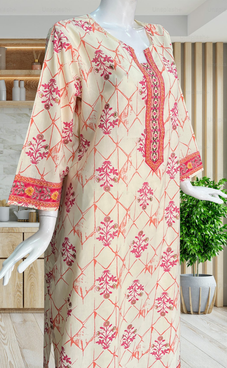 Off White/Pink Floral Jaipuri Cotton Kurti. Pure Versatile Cotton. | Laces and Frills - Laces and Frills