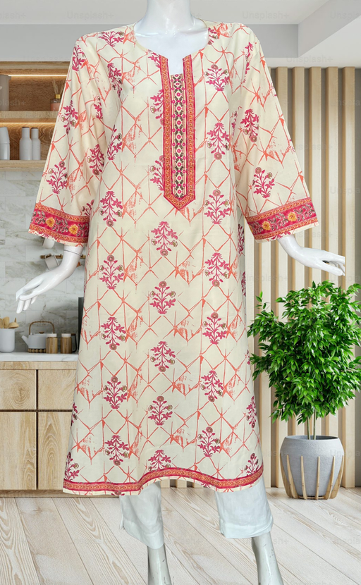Off White/Pink Floral Jaipuri Cotton Kurti. Pure Versatile Cotton. | Laces and Frills - Laces and Frills
