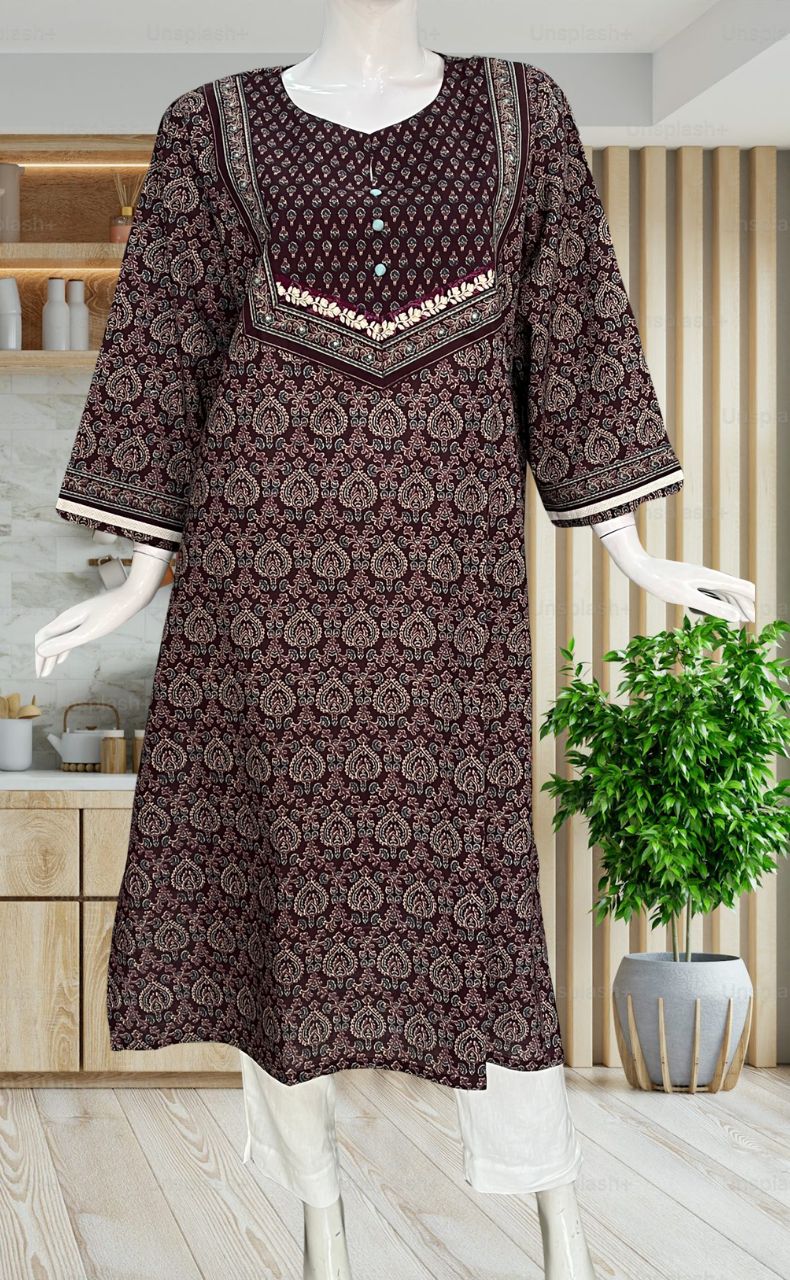 Dark Wine Ethnic Print Jaipuri Cotton Kurti. Pure Versatile Cotton. | Laces and Frills - Laces and Frills