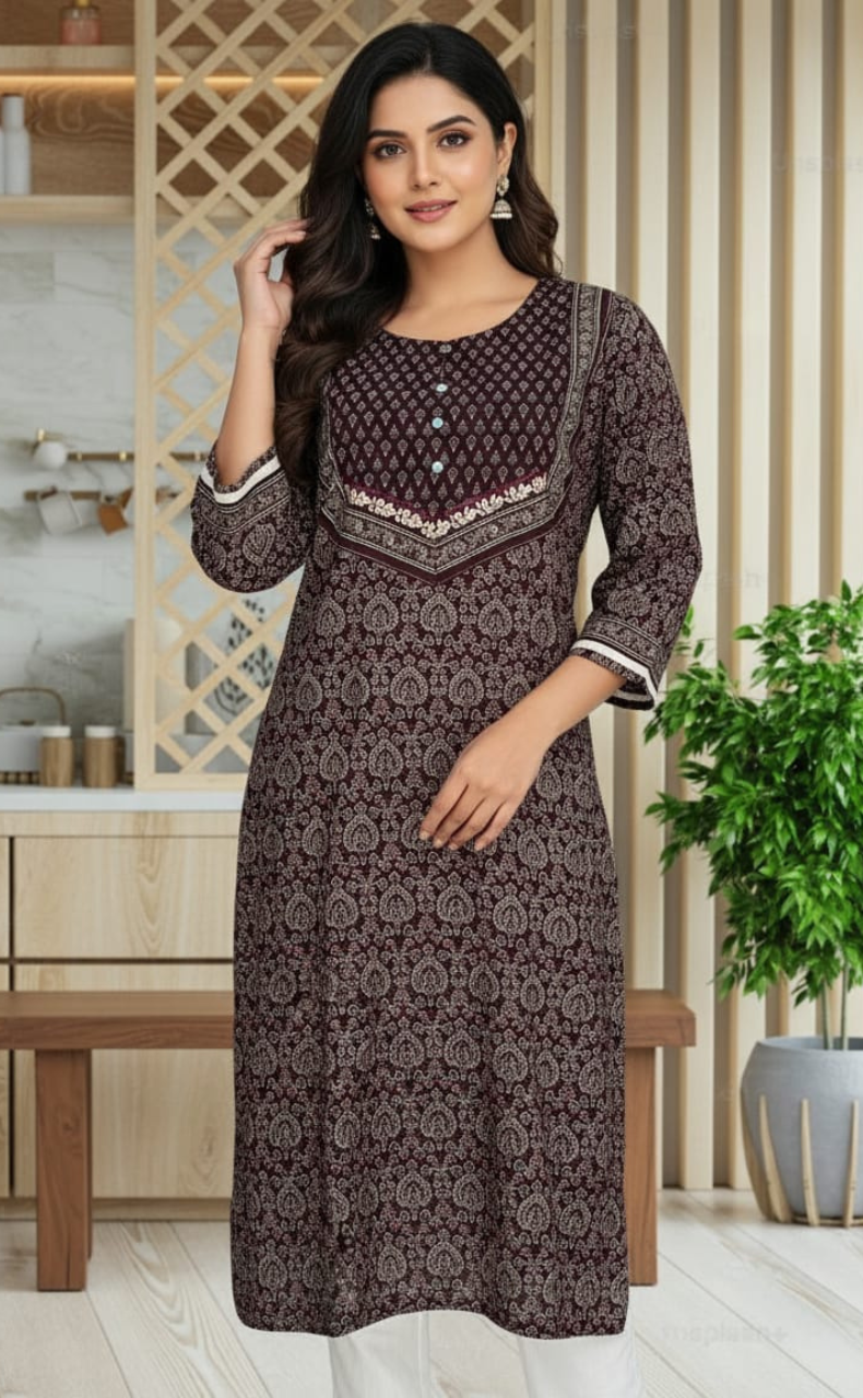 Dark Wine Ethnic Print Jaipuri Cotton Kurti. Pure Versatile Cotton. | Laces and Frills
