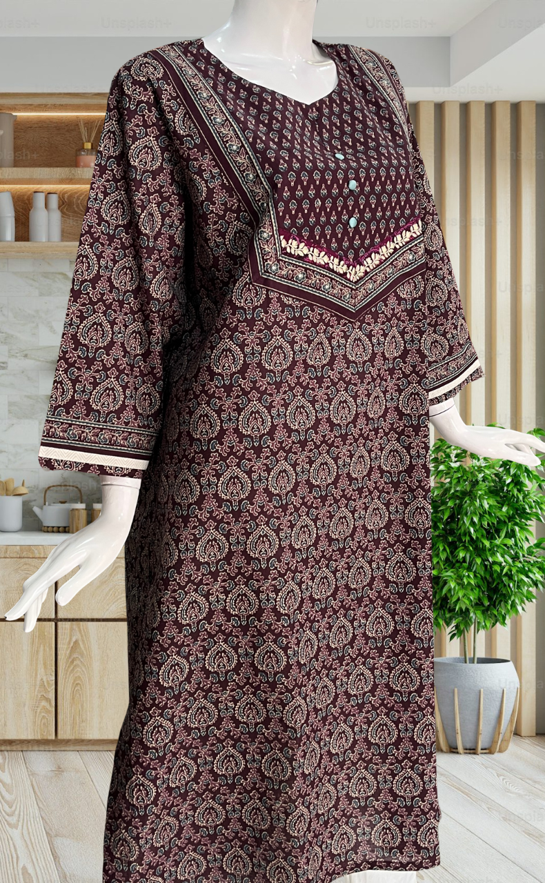 Dark Wine Ethnic Print Jaipuri Cotton Kurti. Pure Versatile Cotton. | Laces and Frills - Laces and Frills