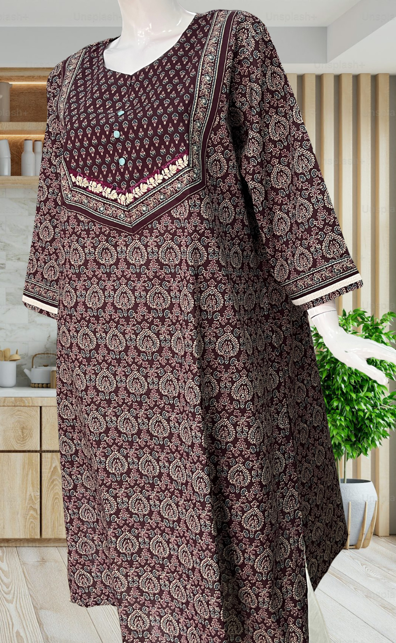 Dark Wine Ethnic Print Jaipuri Cotton Kurti. Pure Versatile Cotton. | Laces and Frills - Laces and Frills