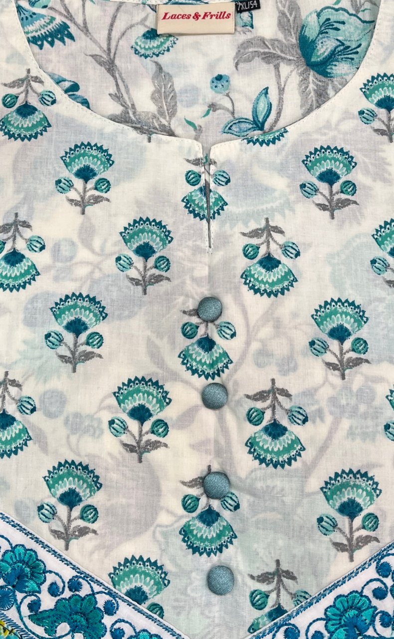 White/Sea Green Floral Jaipuri Cotton Kurti. Pure Versatile Cotton. | Laces and Frills - Laces and Frills