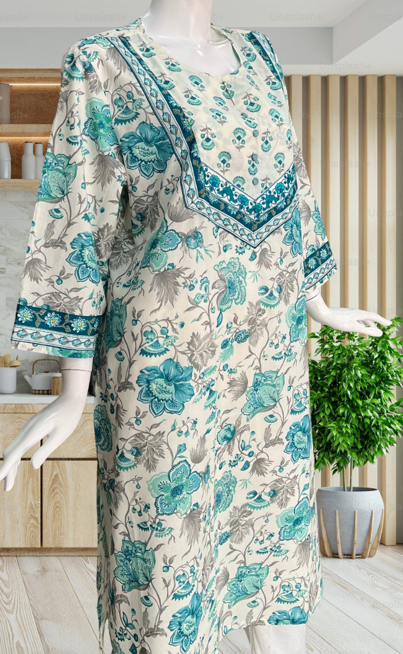 White/Sea Green Floral Jaipuri Cotton Kurti. Pure Versatile Cotton. | Laces and Frills - Laces and Frills