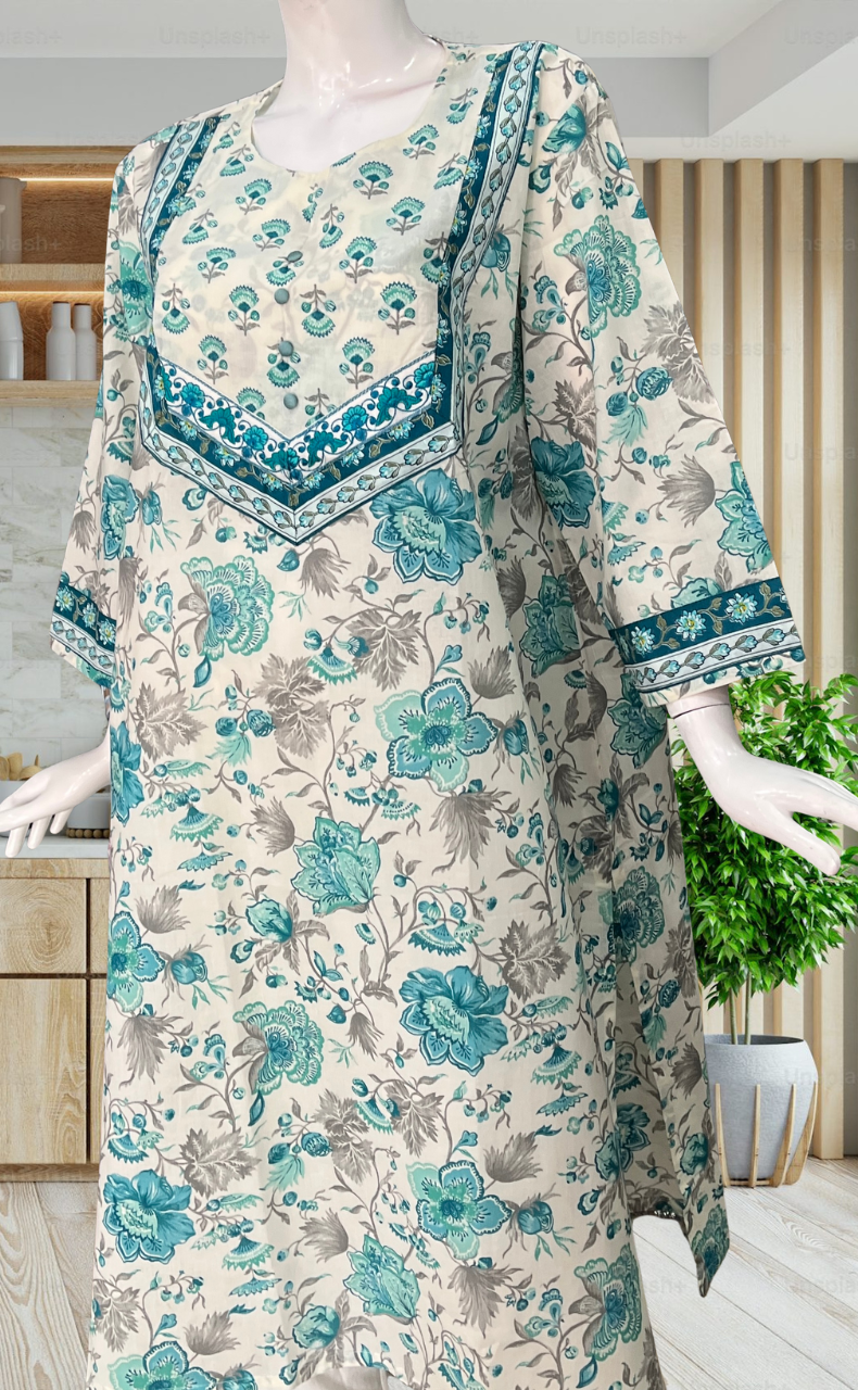 White/Sea Green Floral Jaipuri Cotton Kurti. Pure Versatile Cotton. | Laces and Frills - Laces and Frills