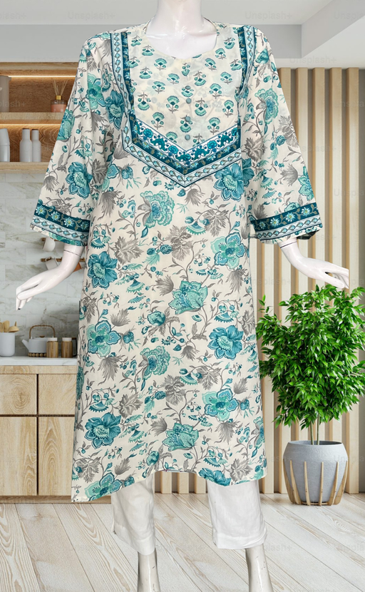 White/Sea Green Floral Jaipuri Cotton Kurti. Pure Versatile Cotton. | Laces and Frills - Laces and Frills