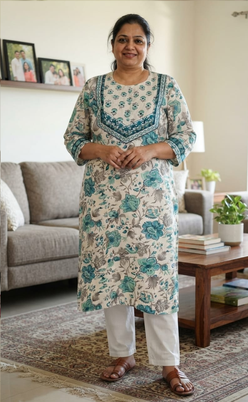 White Floral Jaipuri Cotton Kurti. Pure Versatile Cotton. | Laces and Frills