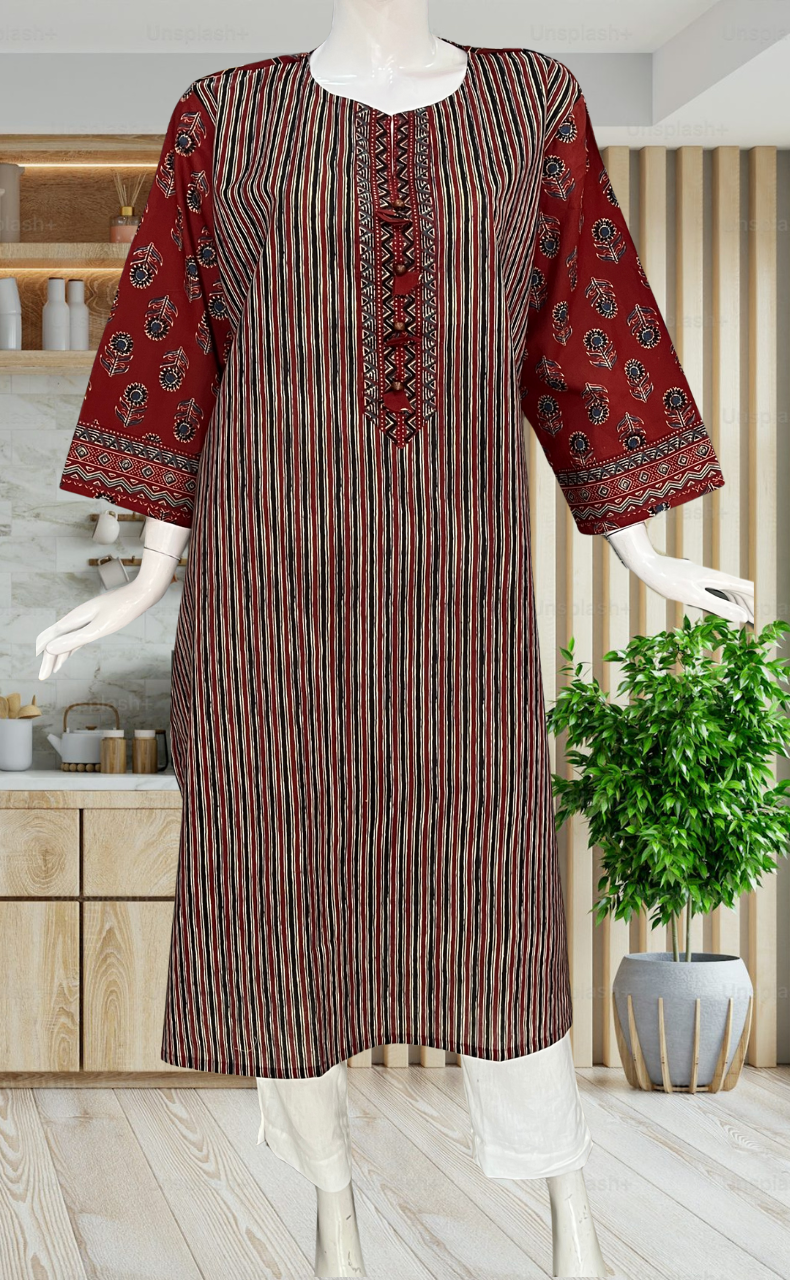 Black/Maroon Stripes Jaipuri Cotton Kurti. Pure Versatile Cotton. | Laces and Frills - Laces and Frills