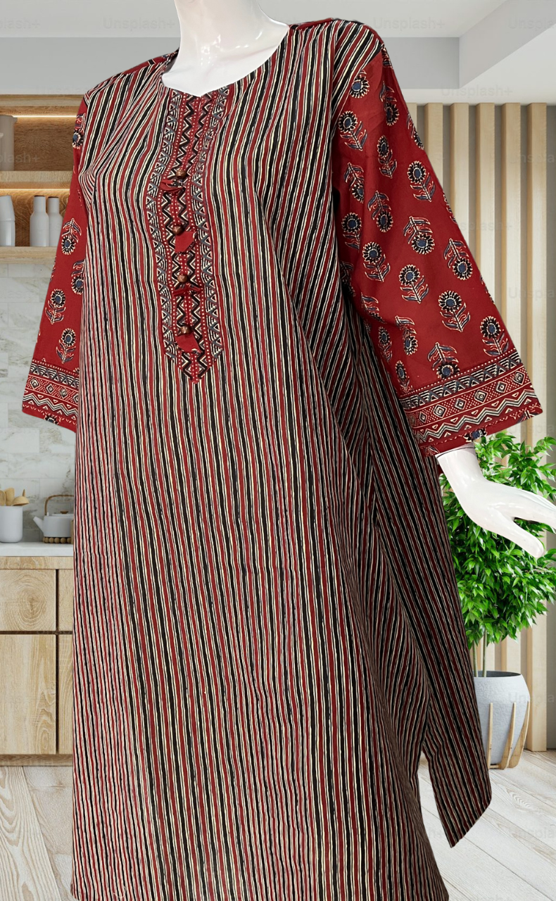 Black/Maroon Stripes Jaipuri Cotton Kurti. Pure Versatile Cotton. | Laces and Frills - Laces and Frills