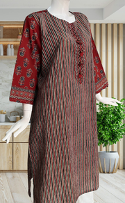 Black/Maroon Stripes Jaipuri Cotton Kurti. Pure Versatile Cotton. | Laces and Frills - Laces and Frills