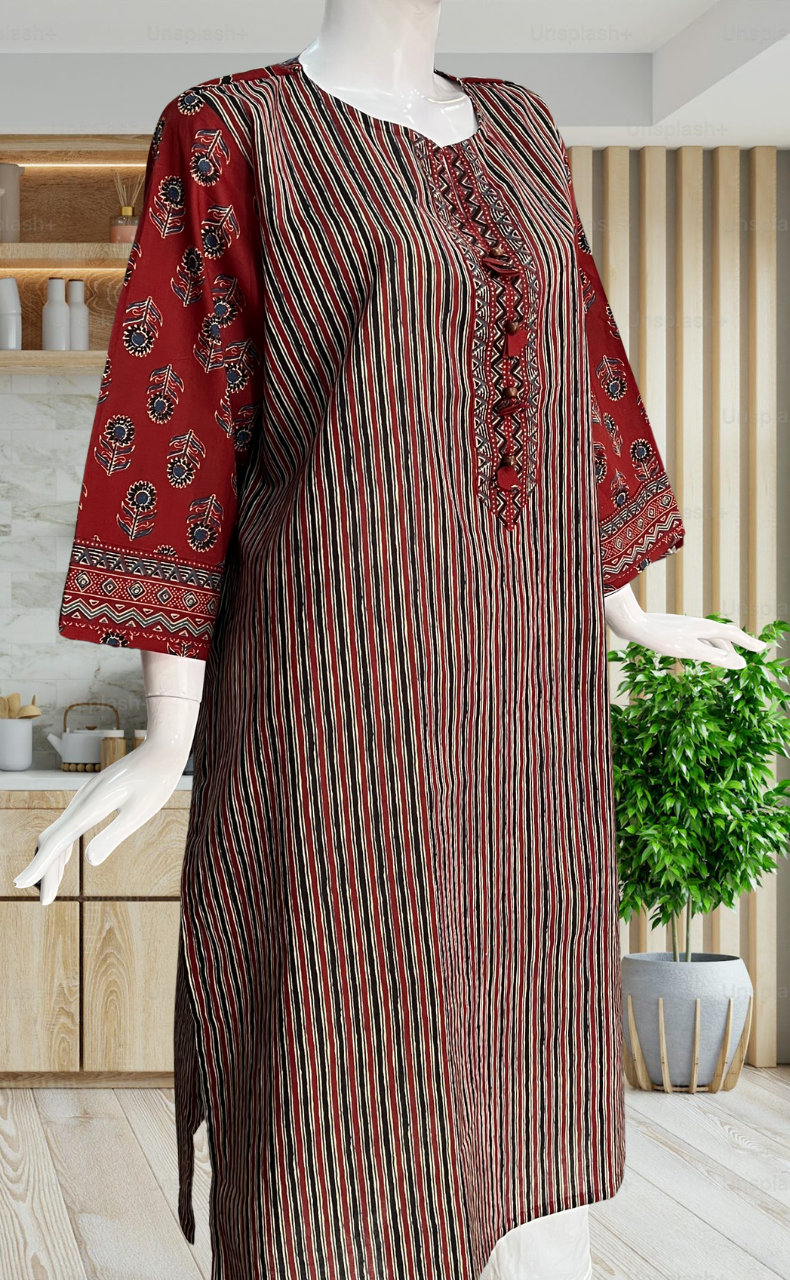 Black/Maroon Stripes Jaipuri Cotton Kurti. Pure Versatile Cotton. | Laces and Frills - Laces and Frills