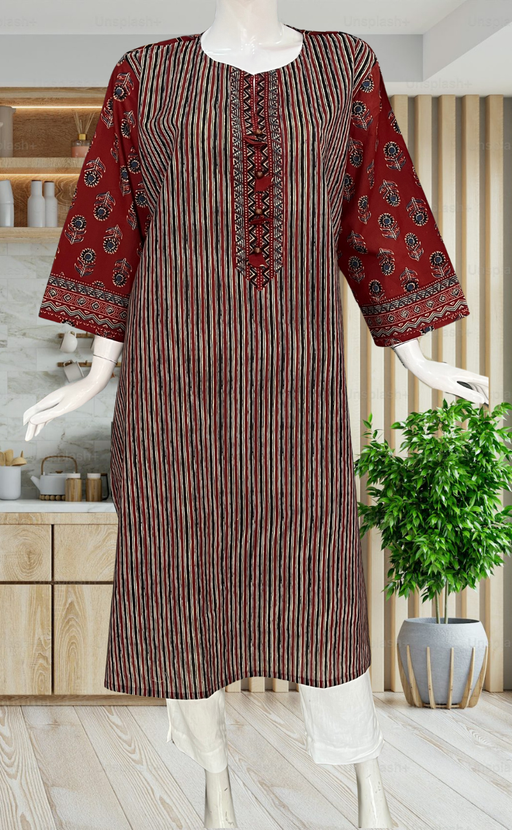 Black/Maroon Stripes Jaipuri Cotton Kurti. Pure Versatile Cotton. | Laces and Frills - Laces and Frills