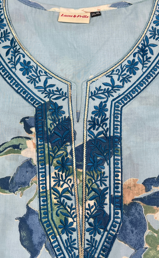 Light Blue Floral Jaipuri Cotton Kurti. Pure Versatile Cotton. | Laces and Frills - Laces and Frills