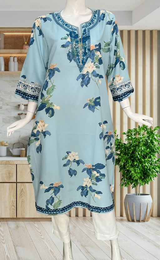 Light Blue Floral Jaipuri Cotton Kurti. Pure Versatile Cotton. | Laces and Frills - Laces and Frills