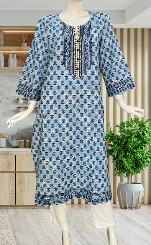 Light Blue Tiny Flora Jaipuri Cotton Kurti. Pure Versatile Cotton. | Laces and Frills - Laces and Frills