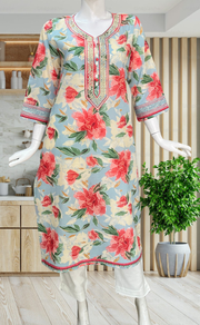 Light Blue/Peach Floral Jaipuri Cotton Kurti. Pure Versatile Cotton. | Laces and Frills - Laces and Frills