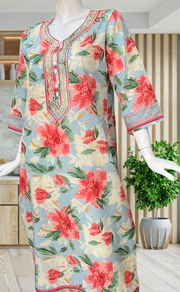 Light Blue/Peach Floral Jaipuri Cotton Kurti. Pure Versatile Cotton. | Laces and Frills - Laces and Frills