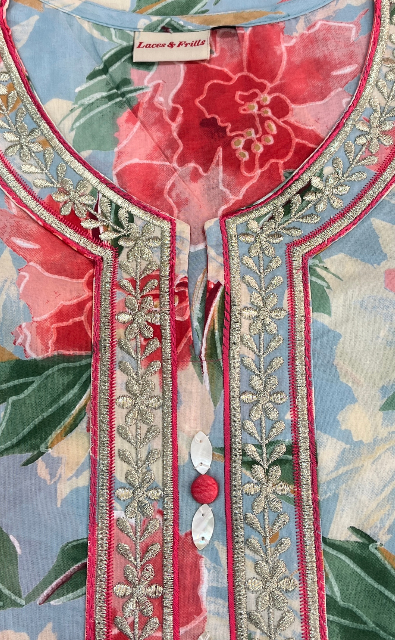 Light Blue/Peach Floral Jaipuri Cotton Kurti. Pure Versatile Cotton. | Laces and Frills - Laces and Frills
