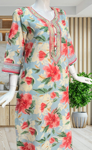 Light Blue/Peach Floral Jaipuri Cotton Kurti. Pure Versatile Cotton. | Laces and Frills - Laces and Frills