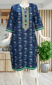 Blue Flora Jaipuri Cotton Kurti. Pure Versatile Cotton. | Laces and Frills - Laces and Frills