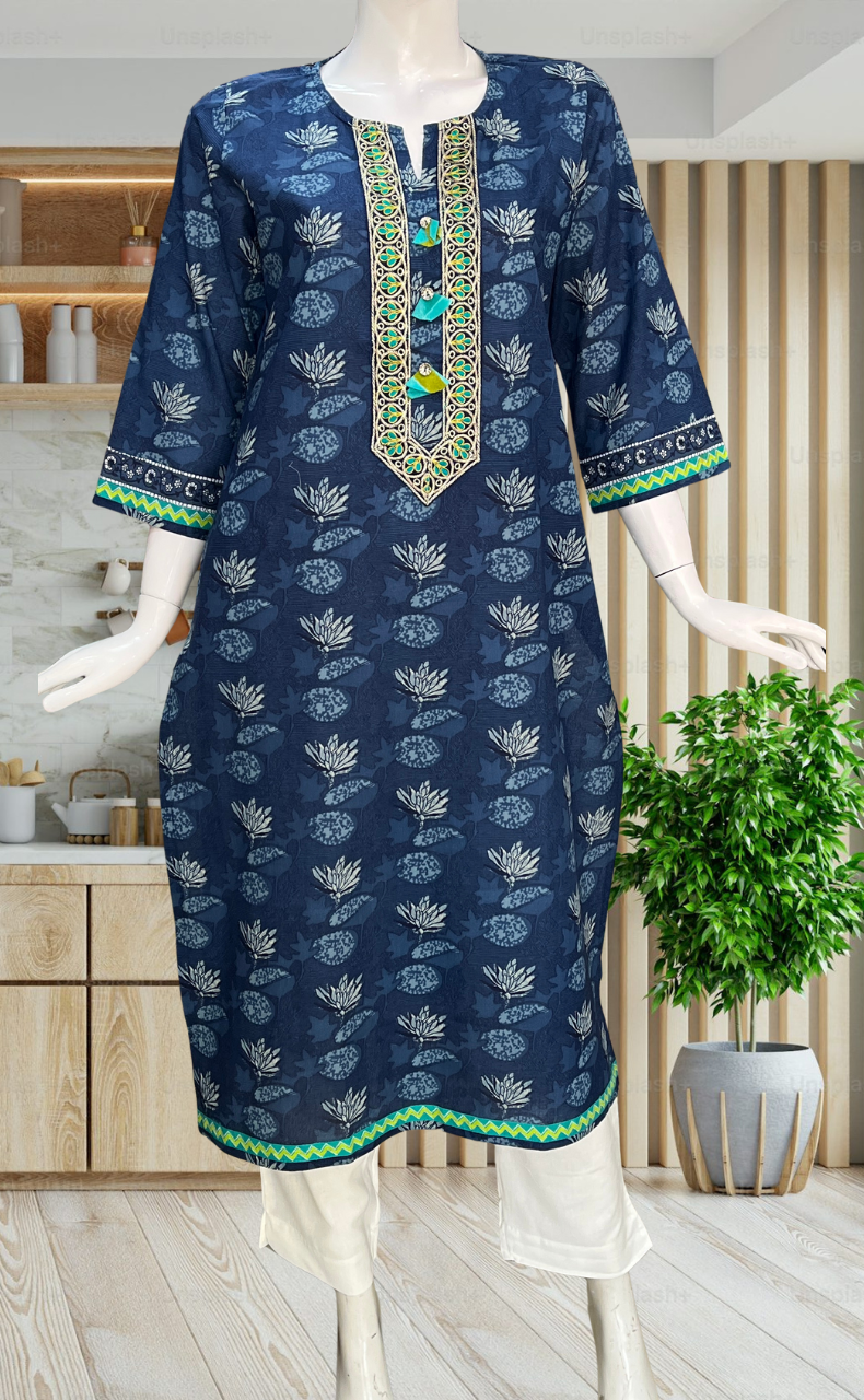Blue Flora Jaipuri Cotton Kurti. Pure Versatile Cotton. | Laces and Frills - Laces and Frills