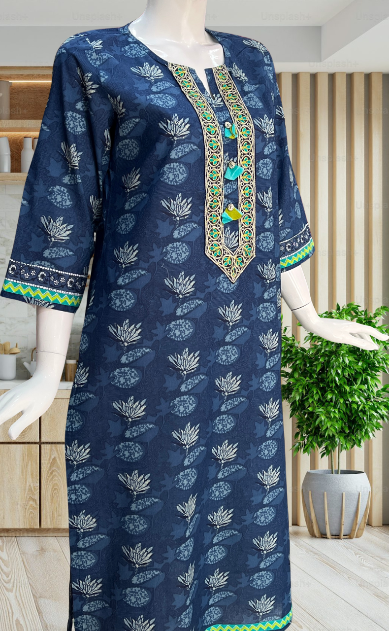 Blue Flora Jaipuri Cotton Kurti. Pure Versatile Cotton. | Laces and Frills - Laces and Frills