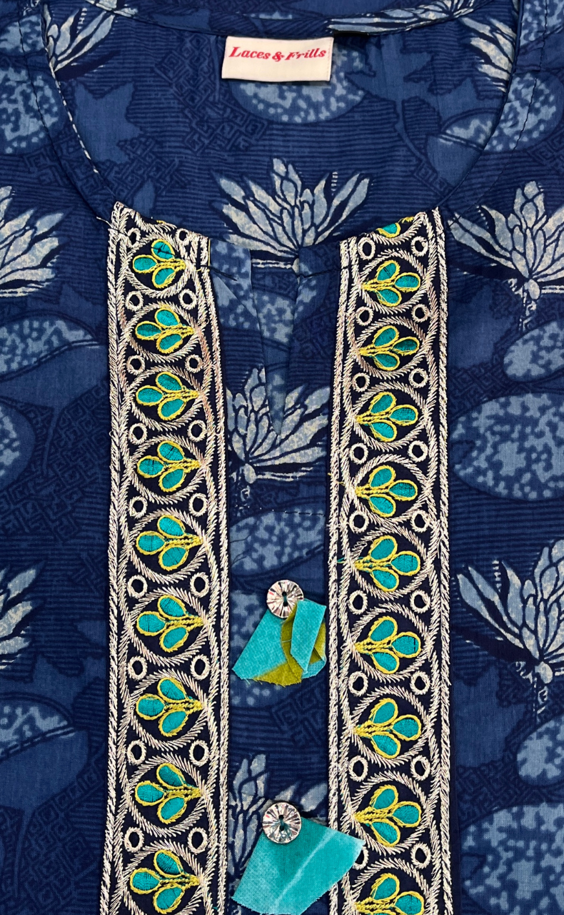 Blue Flora Jaipuri Cotton Kurti. Pure Versatile Cotton. | Laces and Frills - Laces and Frills
