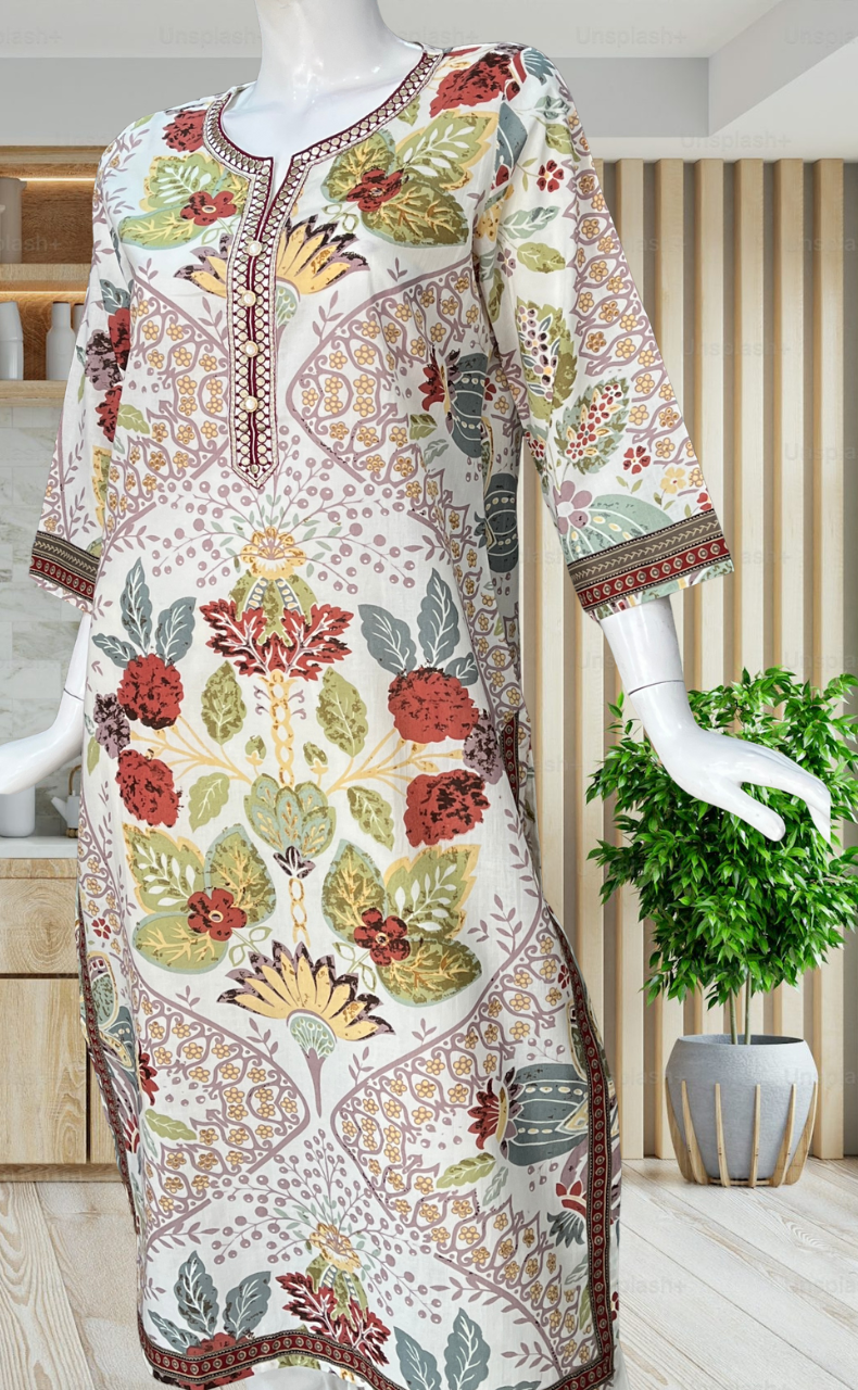 Off White/Rust Maroon Garden Jaipuri Cotton Kurti. Pure Versatile Cotton. | Laces and Frills - Laces and Frills