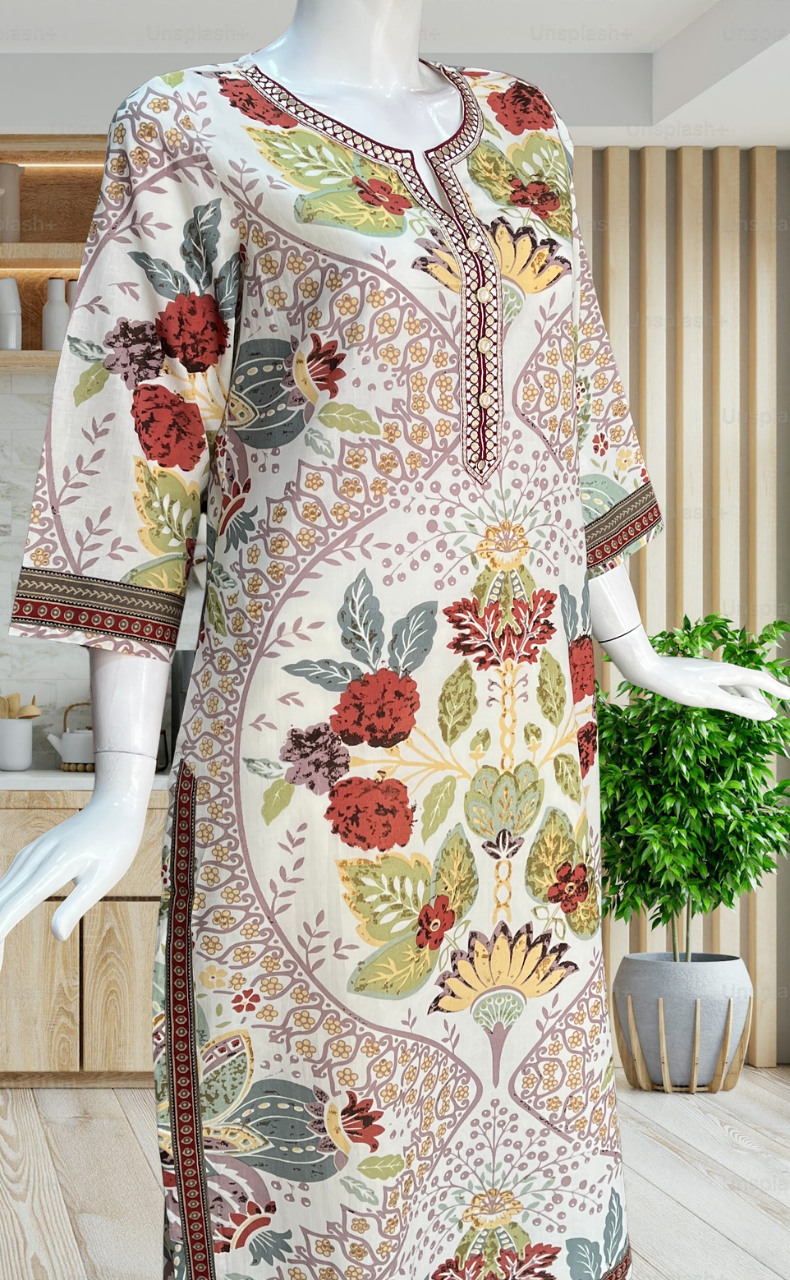 Off White/Rust Maroon Garden Jaipuri Cotton Kurti. Pure Versatile Cotton. | Laces and Frills - Laces and Frills