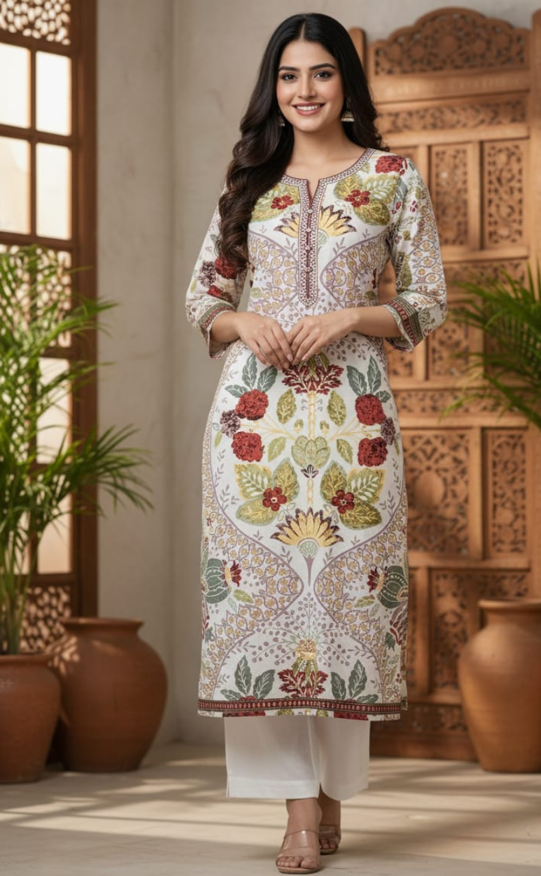 Off White Garden Jaipuri Cotton Kurti. Pure Versatile Cotton. | Laces and Frills