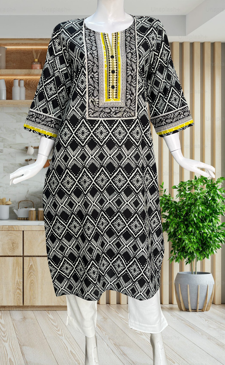 Black Abstract Jaipuri Cotton Kurti. Pure Versatile Cotton. | Laces and Frills - Laces and Frills