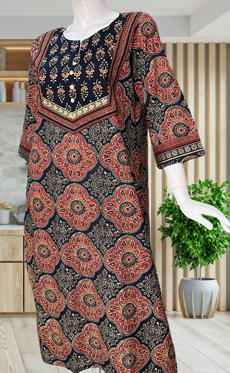 Navy Blue Ajrakh Print Jaipuri Cotton Kurti. Pure Versatile Cotton. | Laces and Frills - Laces and Frills