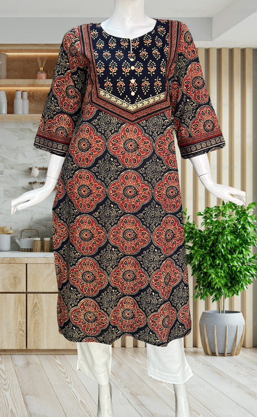 Navy Blue Ajrakh Print Jaipuri Cotton Kurti. Pure Versatile Cotton. | Laces and Frills - Laces and Frills