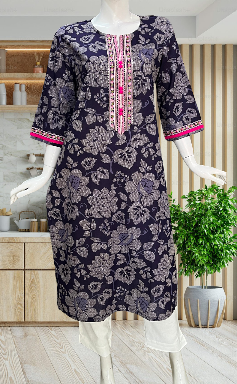 Purple Floral Jaipuri Cotton Kurti. Pure Versatile Cotton. | Laces and Frills - Laces and Frills
