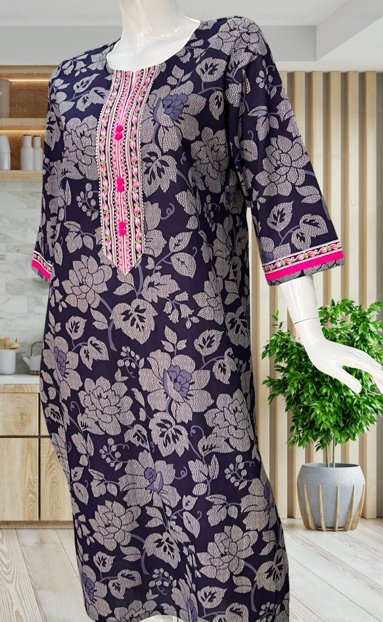 Purple Floral Jaipuri Cotton Kurti. Pure Versatile Cotton. | Laces and Frills - Laces and Frills