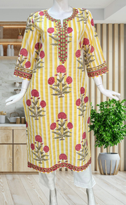 Yellow Floral Jaipuri Cotton Kurti. Pure Versatile Cotton. | Laces and Frills - Laces and Frills