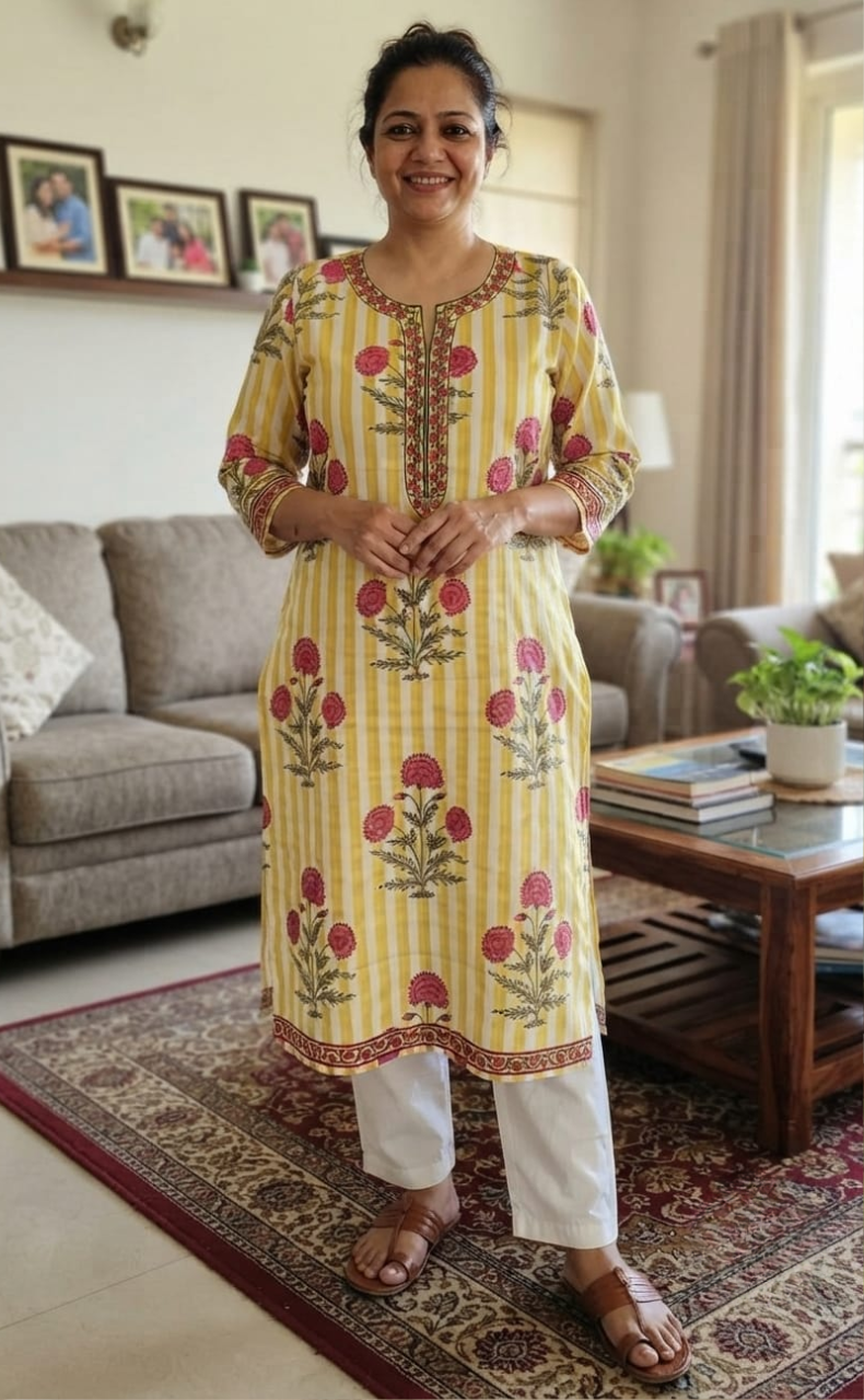 Yellow Floral Jaipuri Cotton Kurti. Pure Versatile Cotton. | Laces and Frills
