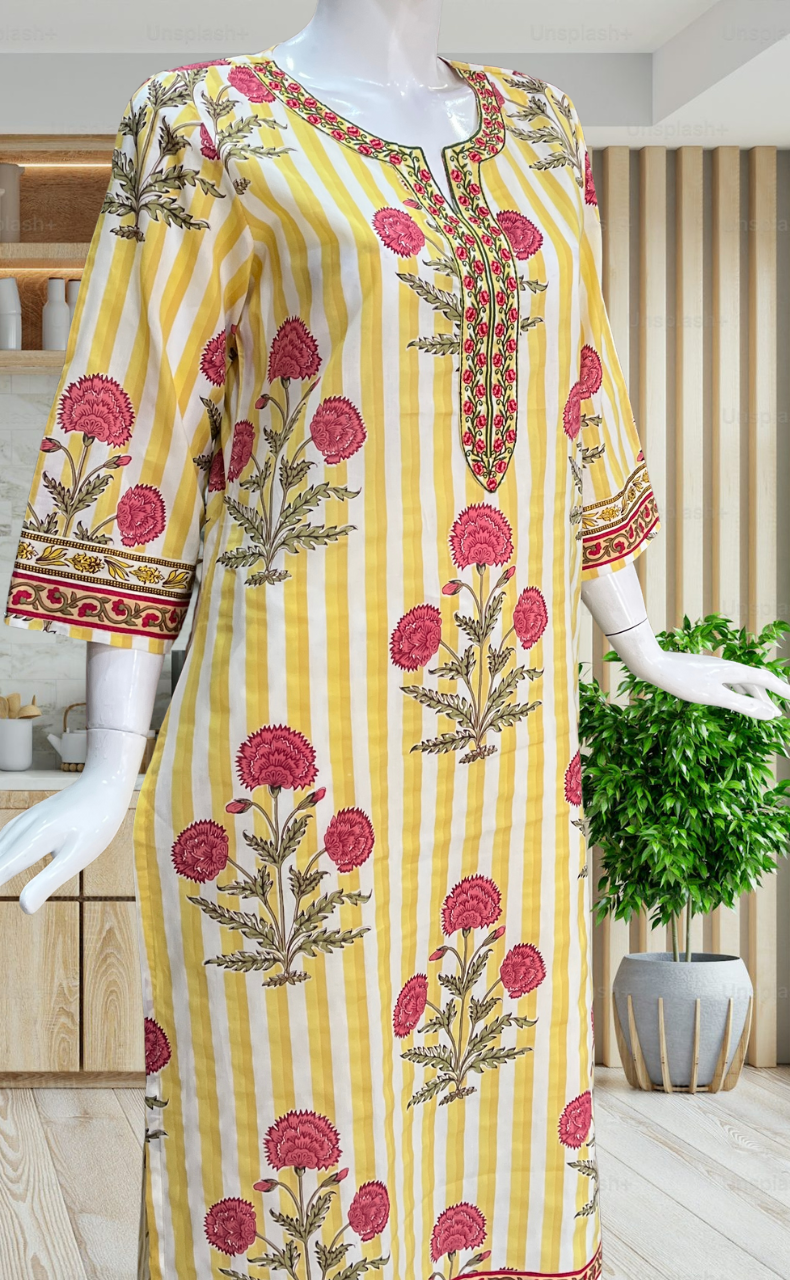 Yellow Floral Jaipuri Cotton Kurti. Pure Versatile Cotton. | Laces and Frills - Laces and Frills