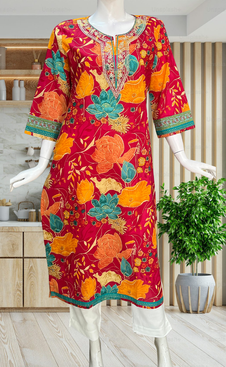 Red Garden Jaipuri Cotton Kurti. Pure Versatile Cotton. | Laces and Frills - Laces and Frills